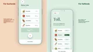 Für Suchende Für Helfende
Kreiire einfach und
schnell deine Listen und
übergebe sie im
Handumdrehen einem
Helfer.
Eine einfach und
übersichtliche
Listenansicht bringt dich
schnell zum Ziel.
 