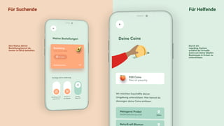 Für Suchende Für Helfende
Den Status deiner
Bestellung kannst du
immer im Blick behalten.
Durch ein
reqrding-System
erhältst du virtuelle
Coins um deine lokalen
Businesses in Krisen zu
unterstützen.
 