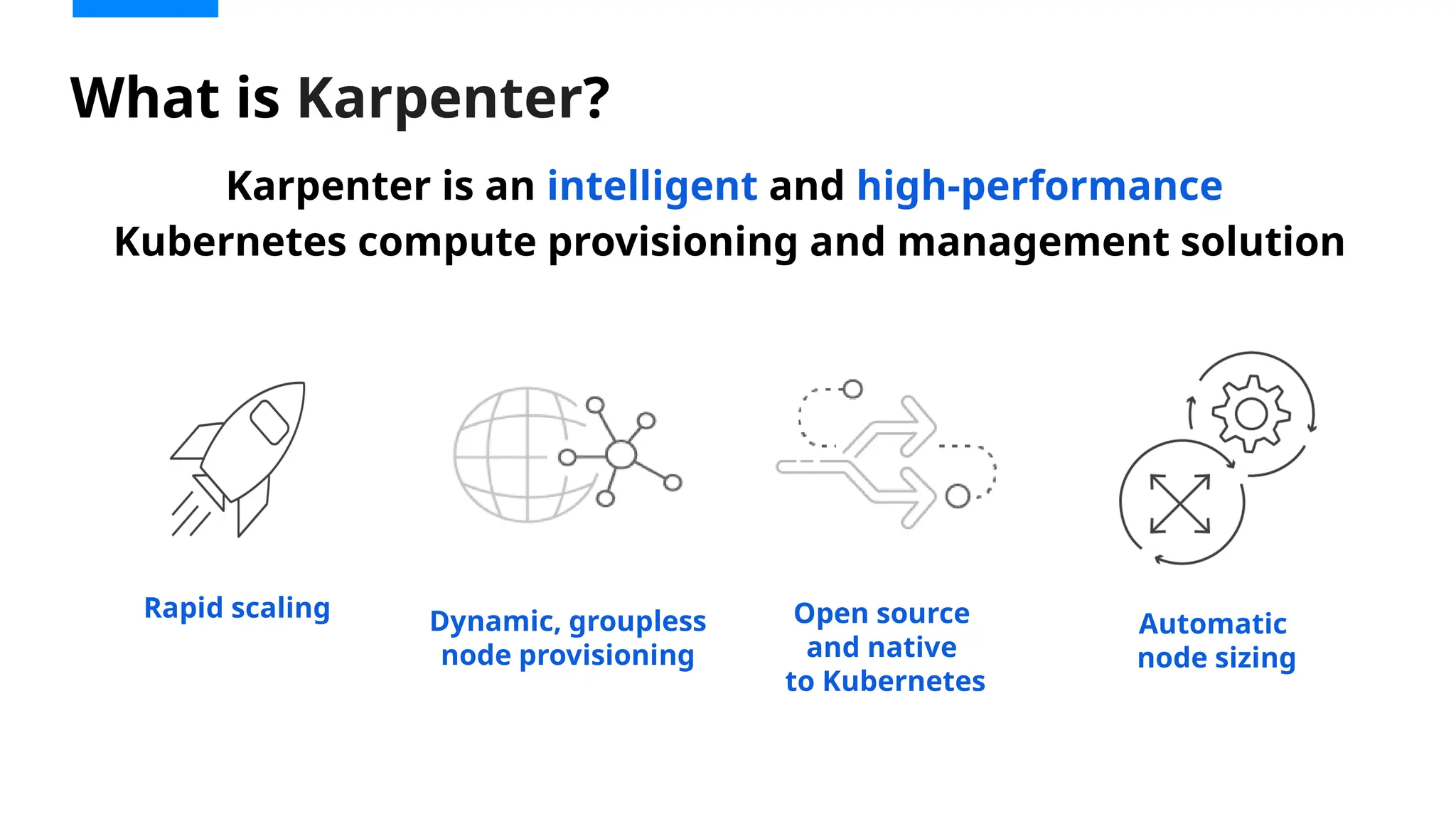 Karpenter is an intelligent and high-performance
Kubernetes compute provisioning and management solution
What is Karpenter?
Dynamic, groupless
node provisioning
Open source
and native
to Kubernetes
Rapid scaling
Automatic
node sizing
 