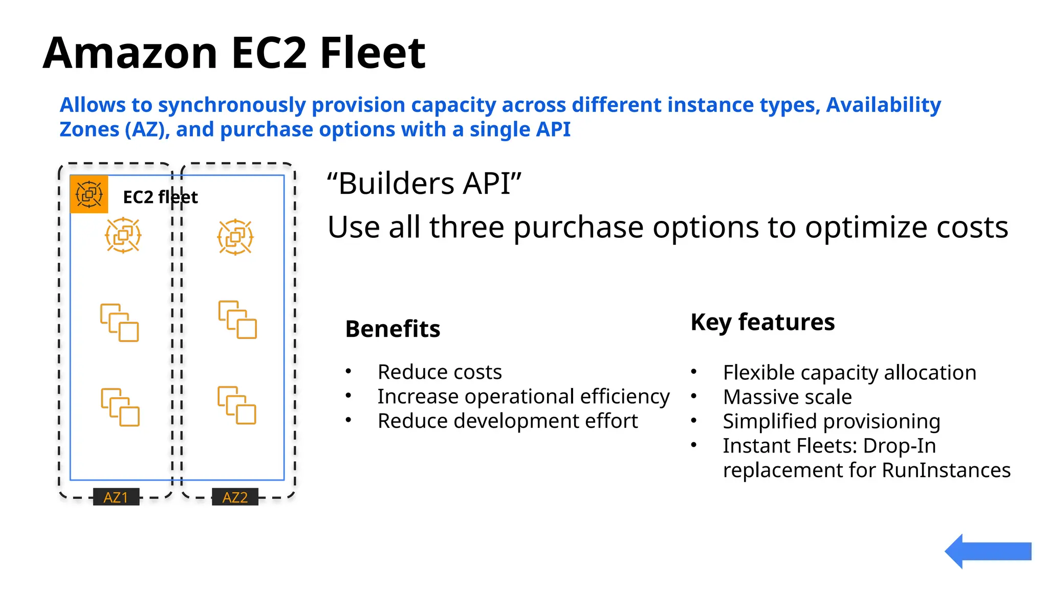 Consolidates instance orchestration
responsibilities within a single system
Amazon EC2 Fleet
Spot
Instances
On-Demand
Instances
On-Demand
Instances
Spot
Instances
Reserved
Instances
Reserved
Instances
AZ1 AZ2
EC2 fleet
Allows to synchronously provision capacity across different instance types, Availability
Zones (AZ), and purchase options with a single API
“Builders API”
Use all three purchase options to optimize costs
Benefits
• Reduce costs
• Increase operational efficiency
• Reduce development effort
Key features
• Flexible capacity allocation
• Massive scale
• Simplified provisioning
• Instant Fleets: Drop-In
replacement for RunInstances
 