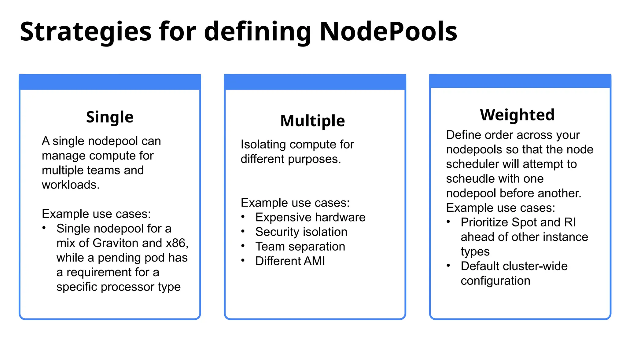Single
A single nodepool can
manage compute for
multiple teams and
workloads.
Example use cases:
• Single nodepool for a
mix of Graviton and x86,
while a pending pod has
a requirement for a
specific processor type
Multiple
Isolating compute for
different purposes.
Example use cases:
• Expensive hardware
• Security isolation
• Team separation
• Different AMI
Weighted
Define order across your
nodepools so that the node
scheduler will attempt to
scheudle with one
nodepool before another.
Example use cases:
• Prioritize Spot and RI
ahead of other instance
types
• Default cluster-wide
configuration
Strategies for defining NodePools
 