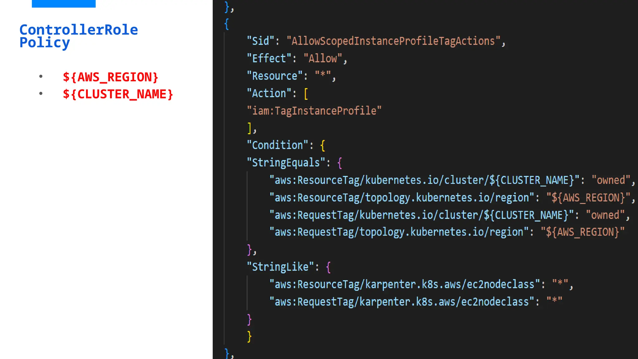 ControllerRole
Policy
• ${AWS_REGION}
• ${CLUSTER_NAME}
 