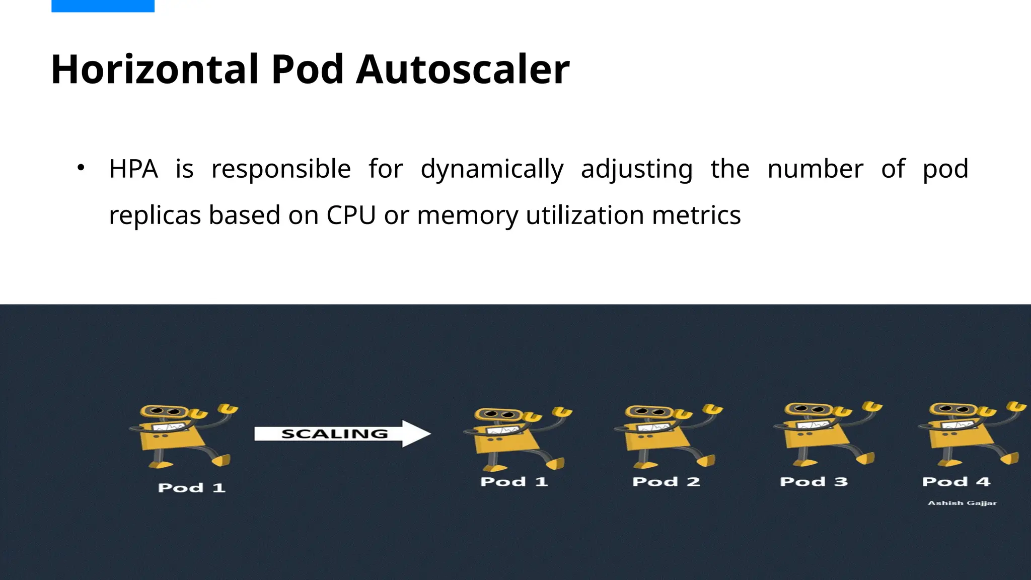 Horizontal Pod Autoscaler
• HPA is responsible for dynamically adjusting the number of pod
replicas based on CPU or memory utilization metrics
 