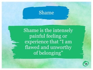 20
Shame
Shame is the intensely
painful feeling or
experience that “I am
flawed and unworthy
of belonging”
 