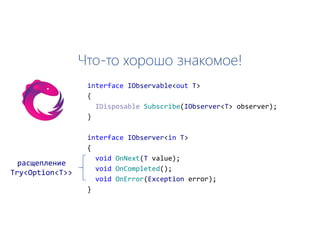Что-то хорошо знакомое!
interface IObservable<out T>
{
Subscribe(IObserver<T> observer);
}
interface IObserver<in T>
{
void OnNext(T value);
void OnCompleted();
void OnError(Exception error);
}
расщепление
Try<Option<T>>
 