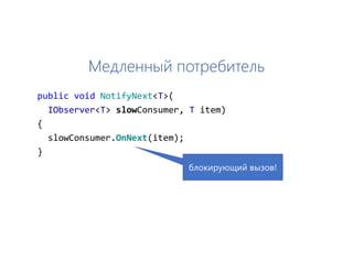 Медленный потребитель
public void NotifyNext<T>(
IObserver<T> slowConsumer, T item)
{
slowConsumer.OnNext(item);
}
блокирующий вызов!
 