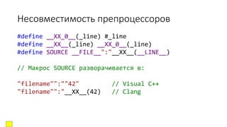 Несовместимость препроцессоров
#define __XX_0__(_line) #_line
#define __XX__(_line) __XX_0__(_line)
#define SOURCE __FILE__":"__XX__(__LINE__)
// Макрос SOURCE разворачивается в:
"filename"":""42" // Visual C++
"filename"":"__XX__(42) // Clang
 