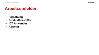 Namics.12Berufe in einer Agentur.
Arbeitsumfelder.
− Technologie
− Application Engineers
− Software Engineers
− Frontend Engineers
− Software Architects
− Solution Architects
− Consulting
− Projekt Management
− Kreation
− Concept
− Designer
Kreation
Consulting
Technologie
Projekt Management
 