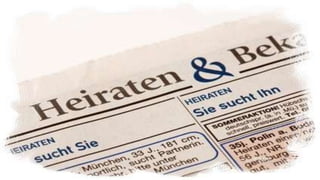 Ihre Aufgaben

   Kundenakquise
Um Partnersuchende auf sich
aufmerksam zu machen, lernen Sie     Eine weitere sehr erfolgreiche und
eine Reihe von Aktivitäten kennen.   vor allem preiswerte Möglichkeit
Das Aufgeben von Inseraten ist die   Kontakte zu erhalten, ist das
einfachste und bekannteste           Anschreiben von Chiffre-Inseraten.
Möglichkeit. Hier legen wir aller-
größten Wert darauf, dass nur        Der dritte große Bereich sind die
Kunden inseriert werden, die auch    Empfehlungskontakte, die Sie von
im Kundenpool vorhanden sind.        Ihren Kunden erhalten können.
 