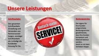 Unsere Leistungen
Schriftverkehr:      Beratungsservice:

Den gesamten         Der eigens für
Schriftverkehr       Ihre Kunden
(Erstellung und      eingerichtete
Versenden von        Beratungsservice
                     gewährleistet,
Partnervorstel-
                     dass Ihre Kunden
lungen, sonstiger
                     kompetent und
Schriftverkehr       liebevoll betreut
etc.) erledigt die   werden,
Kundenbe-            damit es mit dem
treuung für Sie.     Verlieben klappt.
 