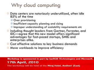 Why cloud computing Data centers are notoriously underutilized, often idle 85% of the time Over provisioning Insufficient capacity planning and sizing Improper understanding of scalability requirements etc including thought leaders from Gartner, Forrester, and IDC—agree that this new model offers significant advantages for fast-paced startups, SMBs and enterprises alike.  Cost effective solutions to key business demands Move workloads to improve efficiency 