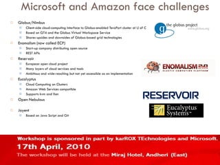 Microsoft and Amazon face challenges Globus/Nimbus Client-side cloud-computing interface to Globus-enabled TeraPort cluster at U of C Based on GT4 and the Globus Virtual Workspace Service Shares upsides and downsides of Globus-based grid technologies Enomalism (now called ECP) Start-up company distributing open source  REST APIs Reservoir European open cloud project Many layers of cloud services and tools Ambitious and wide-reaching but not yet accessible as an implementation Eucalyptus Cloud Computing on Clusters Amazon Web Services compatible Supports kvm and Xen Open Nebulous Joyent Based on Java Script and Git 