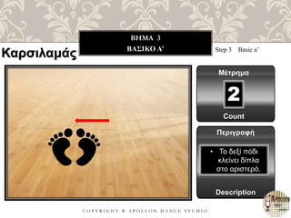 C O P Y R I G H T ® A P O L L O N D A N C E S T U D I O
BHMA 3
ΒΑΣΙΚΟ A’ Step 3 Basic a’
Μέτρημα
Περιγραφή
Description
• Το δεξί πόδι
κλείνει δίπλα
στο αριστερό.
Count
2
Καρσιλαμάς
 