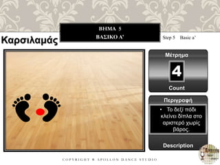 C O P Y R I G H T ® A P O L L O N D A N C E S T U D I O
BHMA 5
ΒΑΣΙΚΟ A’ Step 5 Basic a’
Μέτρημα
Περιγραφή
Description
• Το δεξί πόδι
κλείνει δίπλα στο
αριστερό χωρίς
βάρος.
Count
4
Καρσιλαμάς
 