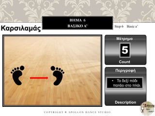 C O P Y R I G H T ® A P O L L O N D A N C E S T U D I O
BHMA 6
ΒΑΣΙΚΟ A’ Step 6 Basic a’
Μέτρημα
Περιγραφή
Description
• Το δεξί πόδι
πατάει στο πλάι.
Count
5
Καρσιλαμάς
 