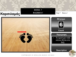 C O P Y R I G H T ® A P O L L O N D A N C E S T U D I O
BHMA 7
ΒΑΣΙΚΟ Α’ Step 7 Basic a’
Μέτρημα
6
Περιγραφή
Description
• Το αριστερό πόδι
κλείνει δίπλα στο
δεξί.
Count
Καρσιλαμάς
 