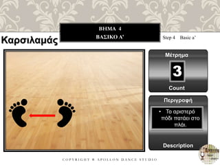 C O P Y R I G H T ® A P O L L O N D A N C E S T U D I O
BHMA 4
ΒΑΣΙΚΟ A’ Step 4 Basic a’
Μέτρημα
Περιγραφή
Description
• Το αριστερό
πόδι πατάει στο
πλάι.
Count
3
Καρσιλαμάς
 