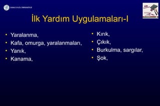 İlk Yardım Uygulamaları-I
• Yaralanma,
• Kafa, omurga, yaralanmaları,
• Yanık,
• Kanama,
• Kırık,
• Çıkık,
• Burkulma, sargılar,
• Şok,
 