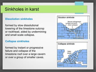 Sinkholes in karst
Dissolution sinkholes
formed by slow dissolutional
lowering of the limestone outcrop
or rockhead, aided by undermining
and small scale collapse.
Collapse sinkholes
formed by instant or progressive
failure and collapse of the
limestone roof over a large cavern
or over a group of smaller caves.
 