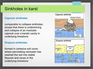 Sinkholes in karst
Caprock sinkholes
comparable to collapse sinkholes,
except that there is undermining
and collapse of an insoluble
caprock over a karstic cavity in
underlying limestone
Dropout sinkholes
formed in cohesive soil cover,
where percolating rainwater has
washed the soil into stable
fissures and caves in the
underlying limestone
 