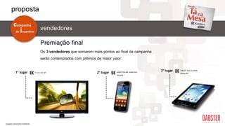 1° lugar
Os 3 vendedores que somarem mais pontos ao final da campanha
serão contemplados com prêmios de maior valor.
Premiação final
SMARTPHONE SAMSUNG
GALAXY *
2° lugar 3° lugar TABLET MULTILASER
DIAMOND*TV LG LCD 32”*
de incentivo
campanha
vendedores
*Imagens meramente ilustrativas.
proposta
 