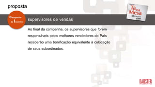Ao final da campanha, os supervisores que forem
responsáveis pelos melhores vendedores do País
receberão uma bonificação equivalente à colocação
de seus subordinados.
supervisores de vendasde incentivo
campanha
proposta
 