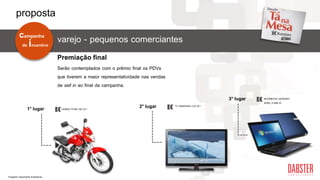 varejo - pequenos comerciantes
1° lugar TV SAMSUNG LCD 42”*2° lugar
3° lugar NOTEBOOK GATEWAY
INTEL CORE I3*
HONDA TITAN 150 CC*
Serão contemplados com o prêmio final os PDVs
que tiverem a maior representatividade nas vendas
de sell in ao final da campanha.
Premiação final
de incentivo
campanha
proposta
*Imagens meramente ilustrativas.
 