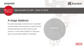 proposta
Para gerar associação inconsciente com a identidade
visual da Karsten, desenvolvemos um painel luminoso
utilizando elementos que fazem parte do guide
da marca. O nome “Mesa e Design” foi criado para
gerar uma associação imediata no interlocutor.
A longa distância
macro
loja-conceito no pdv – store in storegerenciamento
por categoria
 
