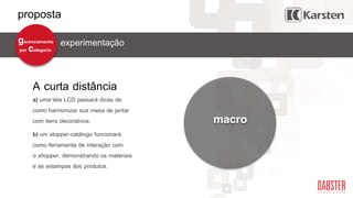 proposta
a) uma tela LCD passará dicas de
como harmonizar sua mesa de jantar
com itens decorativos.
b) um stopper-catálogo funcionará
como ferramenta de interação com
o shopper, demonstrando os materiais
e as estampas dos produtos.
A curta distância
macro
experimentaçãogerenciamento
por categoria
 