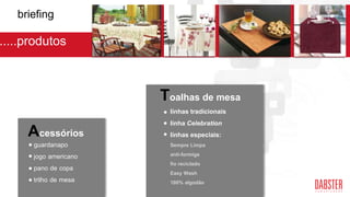 .....produtos
guardanapo
jogo americano
pano de copa
trilho de mesa
Toalhas de mesa
linhas tradicionais
linha Celebration
linhas especiais:
Sempre Limpa
anti-formiga
fio reciclado
Easy Wash
100% algodão
Acessórios
briefing
 