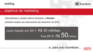 Aproveitando o cenário interno favorável, a Karsten
pretende ampliar seu faturamento até dezembro de 2013.
Lucro líquido em 2011: R$ 30 milhões.
Para 2013: R$ 50milhões.
e, para isso acontecer...
.....objetivos de marketing
briefing
 