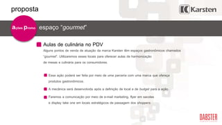 Aulas de culinária no PDV
espaço “gourmet”
Alguns pontos de venda de atuação da marca Karsten têm espaços gastronômicos chamados
“gourmet”. Utilizaremos esses locais para oferecer aulas de harmonização
de mesas e culinária para os consumidores.
Essa ação poderá ser feita por meio de uma parceria com uma marca que ofereça
produtos gastronômicos.
A mecânica será desenvolvida após a definição de local e de budget para a ação.
Faremos a comunicação por meio de e-mail marketing, flyer em sacolas
e display take one em locais estratégicos de passagem dos shoppers.
ações promo
proposta
 