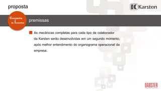 As mecânicas completas para cada tipo de colaborador
da Karsten serão desenvolvidas em um segundo momento,
após melhor entendimento do organograma operacional da
empresa.
de incentivo
campanha
premissas
proposta
 