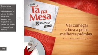 O nome remete
a uma expressão
corriqueira dentro do
universo do público-
alvo e ainda
apresenta uma
ligação direta aos
prêmios, que estarão
“à disposição” dos
melhores.
KV
 
