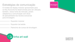 linha art wall
O modelo de display modular apresentado para
os Key Accounts foi desenvolvido para ser utilizado,
também, nesse nicho de mercado, porém
adaptamos a comunicação com dicas
de aplicabilidade dos tecidos exclusivas
para bricolagem.
Bricolagem
Expositor modular
Expositor de balcão
Patrocínio de cursos de bricolagem
Estratégias de comunicação
 