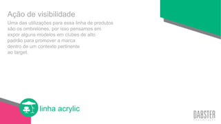 linha acrylic
Uma das utilizações para essa linha de produtos
são os ombrelones, por isso pensamos em
expor alguns modelos em clubes de alto
padrão para promover a marca
dentro de um contexto pertinente
ao target.
Ação de visibilidade
 