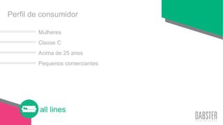 all lines
Mulheres
Classe C
Acima de 25 anos
Pequenos comerciantes
Perfil de consumidor
 