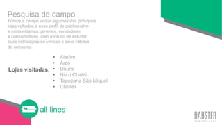 all lines
• Aladim
• Arco
• Doural
• Niazi Chohfi
• Tapeçaria São Miguel
• Clautex
Fomos a campo visitar algumas das principais
lojas voltadas a esse perfil de público-alvo
e entrevistamos gerentes, vendedores
e consumidores, com o intuito de estudar
suas estratégias de vendas e seus hábitos
de consumo.
Pesquisa de campo
Lojas visitadas:
 