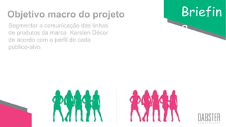 Segmentar a comunicação das linhas
de produtos da marca Karsten Décor
de acordo com o perfil de cada
público-alvo.
Briefin
g
Objetivo macro do projeto
 