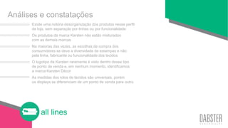 all lines
Existe uma notória desorganização dos produtos nesse perfil
de loja, sem separação por linhas ou por funcionalidade
Os produtos da marca Karsten não estão misturados
com as demais marcas
Na maiorias das vezes, as escolhas de compra dos
consumidores se deve a diversidade de estampas e não
pela linha, fabricante ou funcionalidade dos tecidos
O logotipo da Karsten raramente é visto dentro desse tipo
de ponto de venda e, em nenhum momento, identificamos
a marca Karsten Décor
As medidas dos rolos de tecidos são universais, porém
os displays se diferenciam de um ponto de venda para outro
Análises e constatações
 