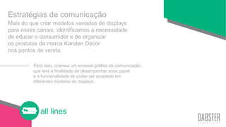 all lines
Mais do que criar modelos variados de displays
para esses canais, identificamos a necessidade
de educar o consumidor e de organizar
os produtos da marca Karsten Décor
nos pontos de venda.
Estratégias de comunicação
Para isso, criamos um enxoval gráfico de comunicação,
que terá a finalidade de desempenhar esse papel
e a funcionalidade de poder ser acoplado em
diferentes modelos de displays.
 