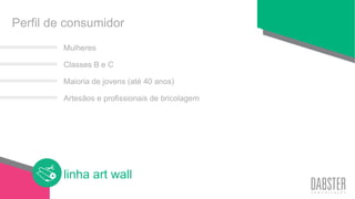 linha art wall
Mulheres
Classes B e C
Maioria de jovens (até 40 anos)
Artesãos e profissionais de bricolagem
Perfil de consumidor
 