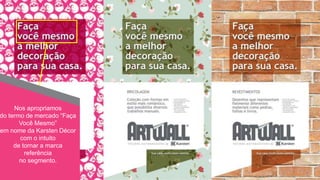 linha art wall
Display de balcão (pequenos e médios H.C.)
Display ilha (grandes H.C.)
Ponta de gôndola (médios e grandes H.C.)
Customização e organização do display natural (todos os H.C.)
Decoração de setor (todos os tipos de H.C.)
Estratégias de comunicação
Home
Center
H.C. = home center
Nos apropriamos
do termo de mercado “Faça
Você Mesmo”
em nome da Karsten Décor
com o intuito
de tornar a marca
referência
no segmento.
 