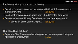 Provisioning - the good, the bad und the ugly
• Decision to provision Azure resources with Chef & Azure resource
manager (ARM)
• Used chef-provisioning-azurerm from Stuart Preston for a while
• Developed custom Library Cookbook „azure-chef-deployment“
• based on gems „azure_mgmt_*
Our „One Stop Solution“
• Separate Chef Roles are describing Azure resource provisioning and
Application Deployment
(in 2016)
(in 2018)
today
 