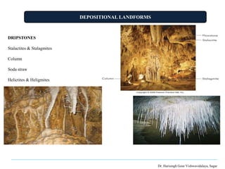 DEPOSITIONAL LANDFORMS
Dr. Harisingh Gour Vishwavidalaya, Sagar
DRIPSTONES
Stalactites & Stalagmites
Column
Soda straw
Helictites & Heligmites
 