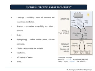 FACTORS AFFECTING KARST TOPOGRAPHY
Dr. Harisingh Gour Vishwavidalaya, Sagar
• Lithology – solubility ,nature of resistance and
widespread distribution.
• Structure – secondary permeability e.g. joints ,
fractures.
• Relief .
• Hydrogeology - carbon dioxide ,water , calcium
carbonate .
• Climate – temperature and moisture .
• Vegetation .
• pH content of water .
• Time .
Dissolution Reactions
H2O + CO2 H2CO3(CARBONATION)
CaCO3 + H2CO3 Ca2+ + 2HCO3
–
 