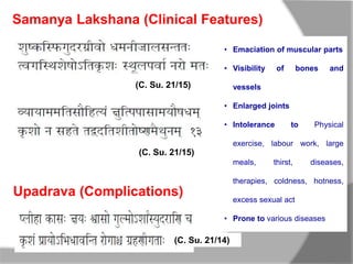 Samanya Lakshana (Clinical Features)
• Emaciation of muscular parts
• Visibility of bones and
vessels
• Enlarged joints
• Intolerance to Physical
exercise, labour work, large
meals, thirst, diseases,
therapies, coldness, hotness,
excess sexual act
• Prone to various diseases
(C. Su. 21/15)
(C. Su. 21/15)
Upadrava (Complications)
(C. Su. 21/14)
 
