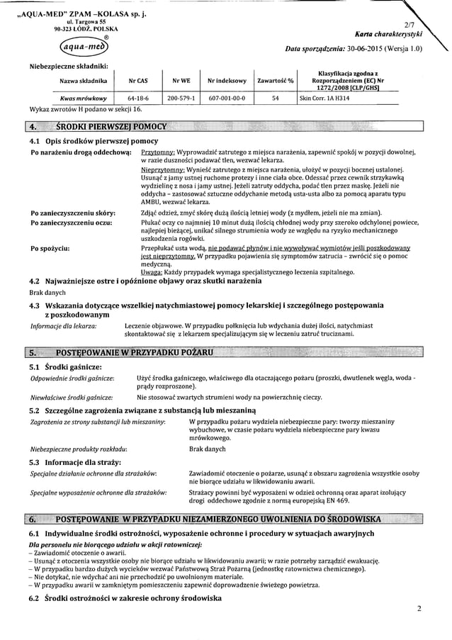 Karta charakterystyki substancji preparatu aromatyzowany kwas mrówkowy