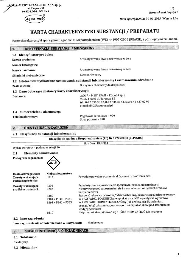 Karta charakterystyki substancji preparatu aromatyzowany kwas mrówkow…