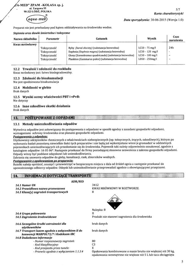 Karta charakterystyki substancji preparatu aromatyzowany kwas mrówkow…